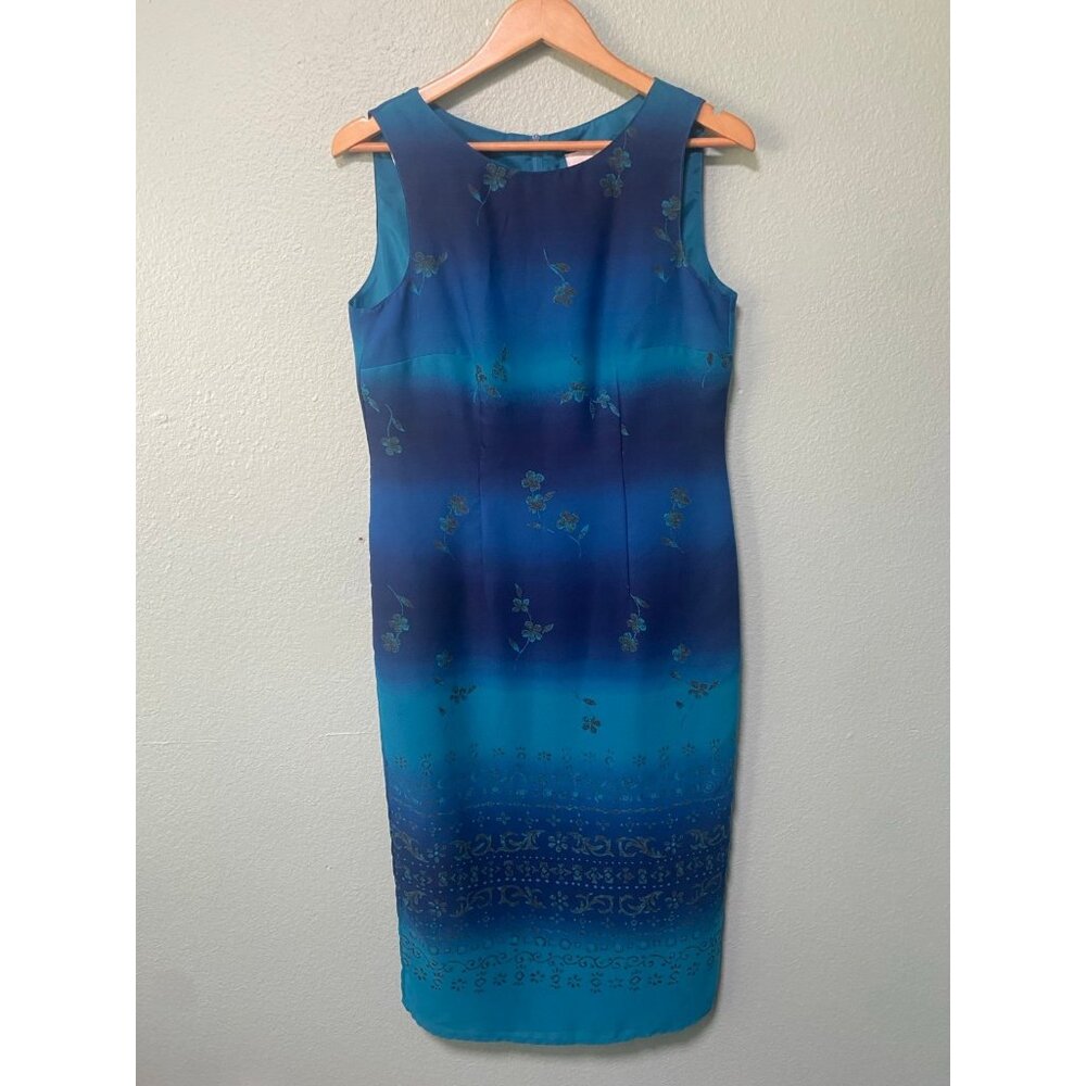 Vintage Halmode Petites Women's Blue Floral Ombre Midi Pattern Dress‎ Size 12P